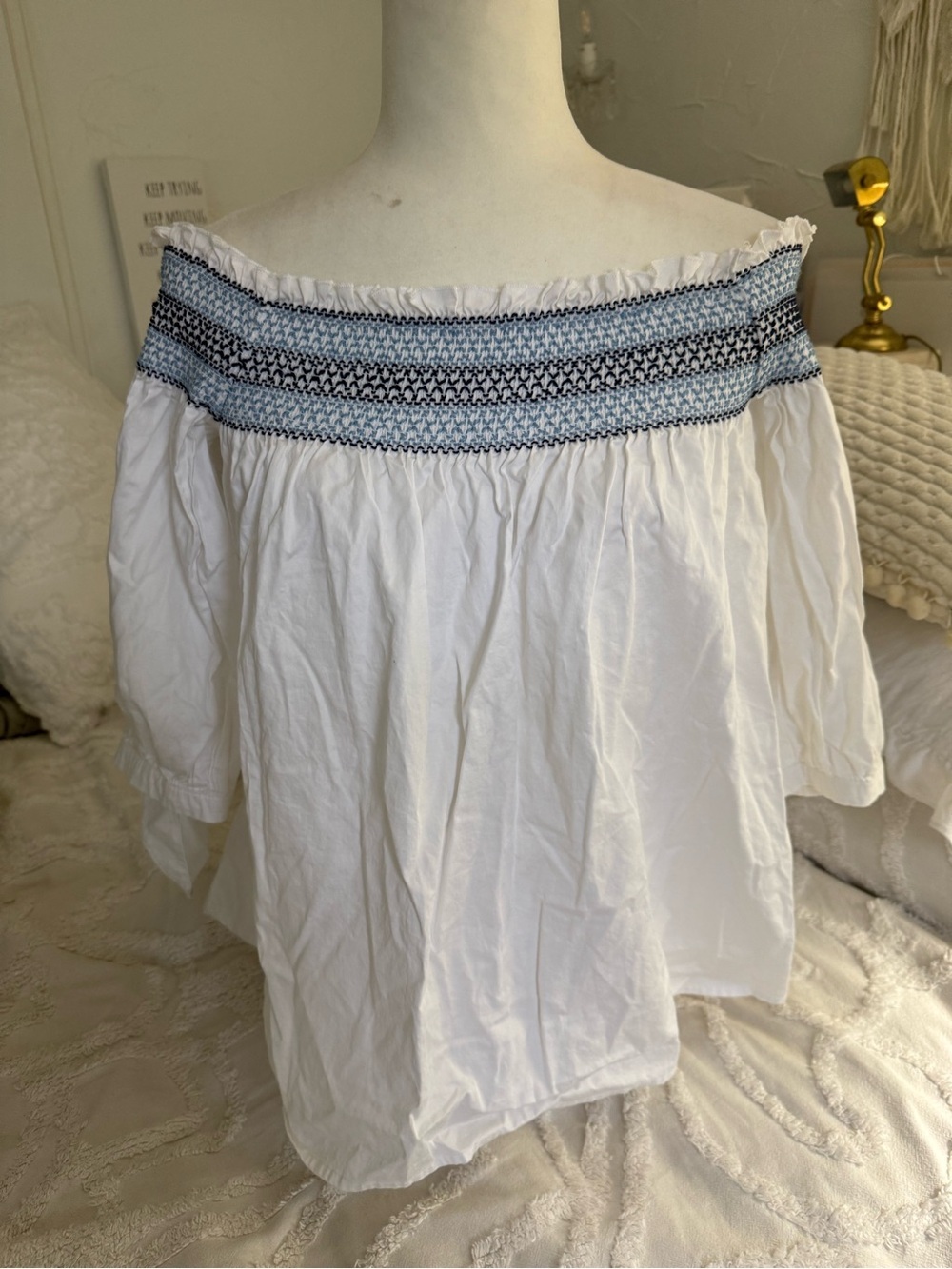 Bardot White Off-Shoulder Top with Blue Smocked Yoke